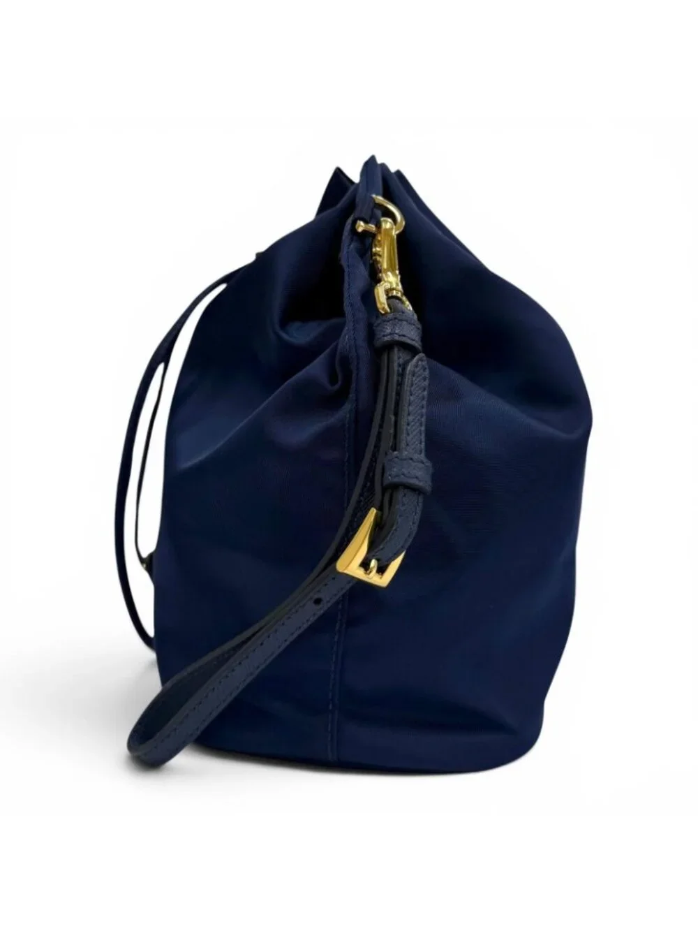 Prada Royal Leather Triangle Logo Tessuto Drawstring Pouch Gold